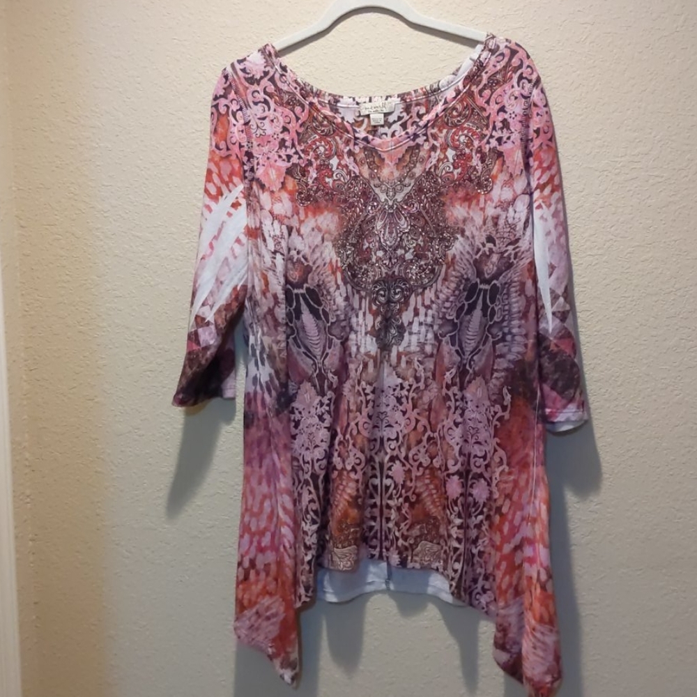 Boho One World 1X 3/4 sleeve shirt.  Pink